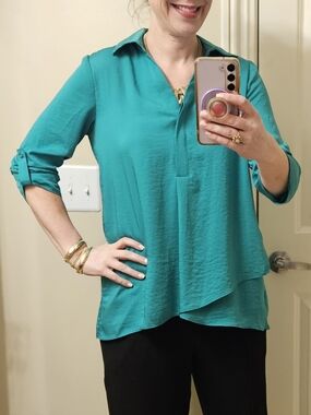 Renuar Airflow Blouse XS | Emerald Green Hi-Low Top Lightweight 3/4 Sleeve